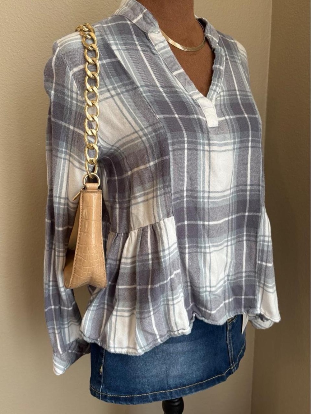 Altar'd State white and gray plaid blouse with ruffle detail, size S